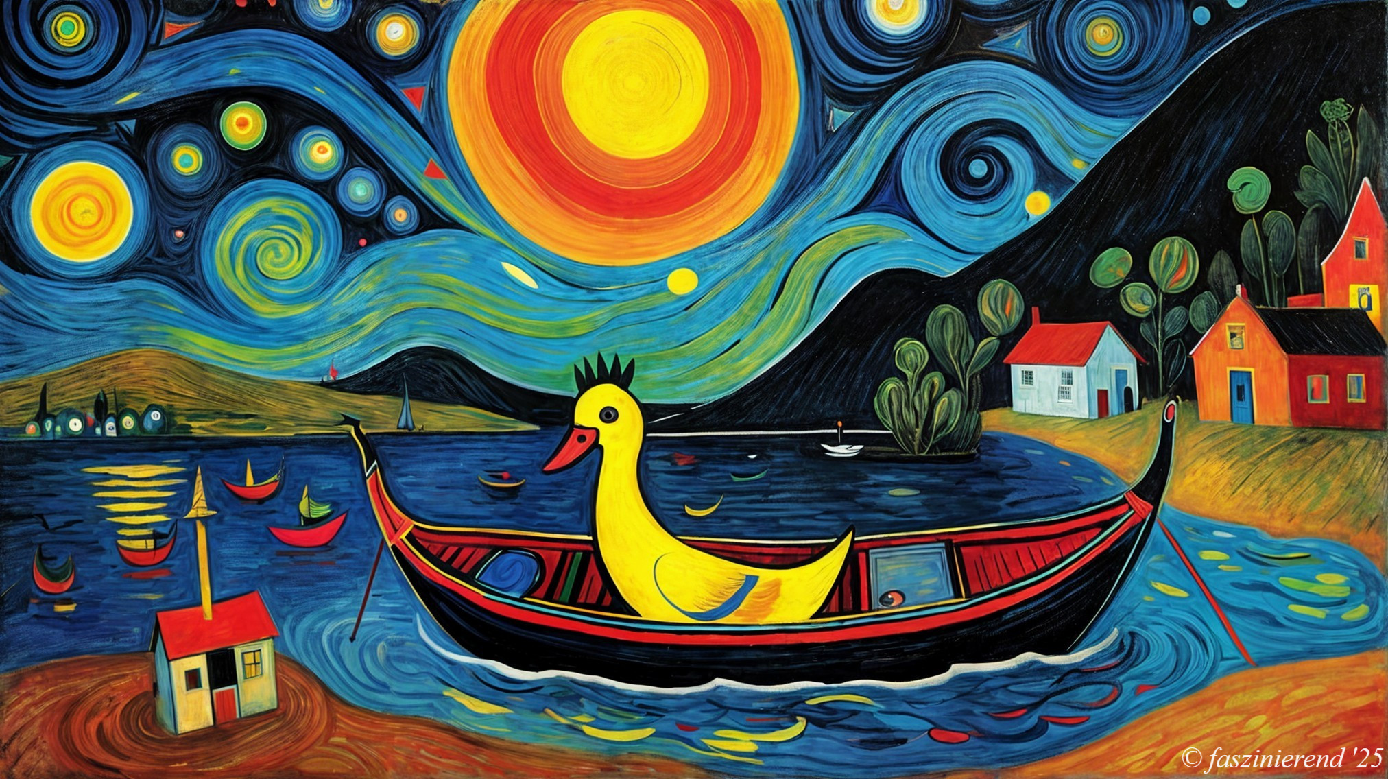 Whimsical Painting of Sunset with Rubber Duck and Boats