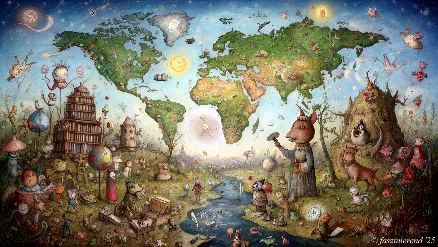 Whimsical Illustrative World Map with Fantastical Elements