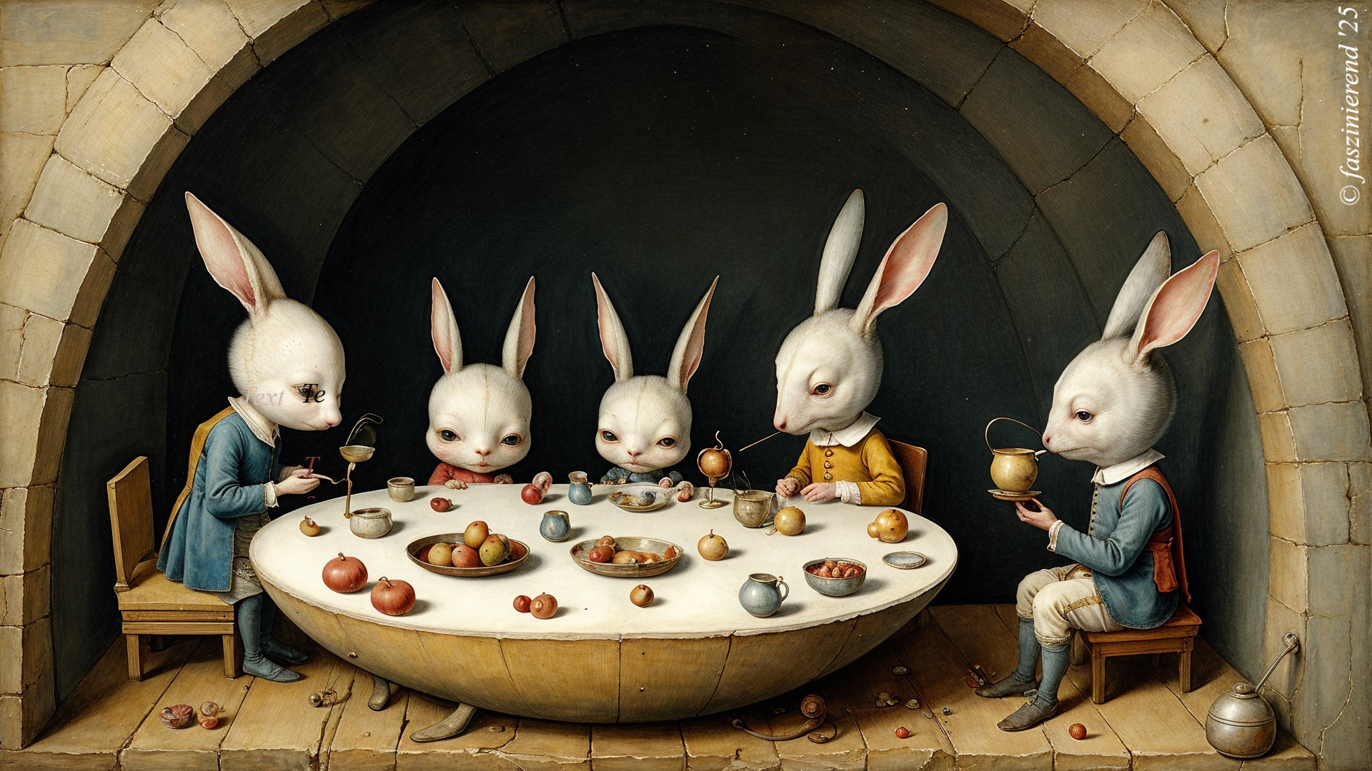 Anthropomorphic rabbits at a whimsical banquet table