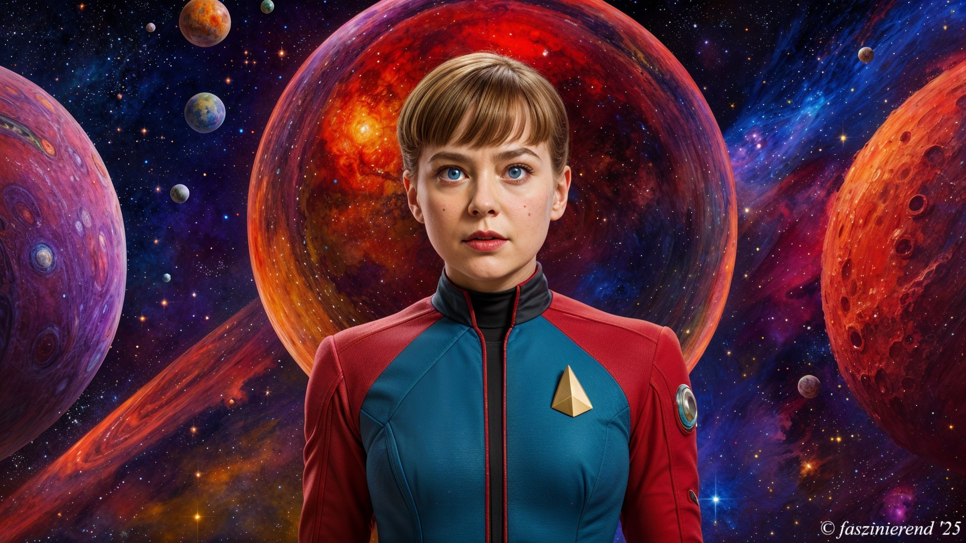 Female astronaut in colorful suit against cosmic backdrop