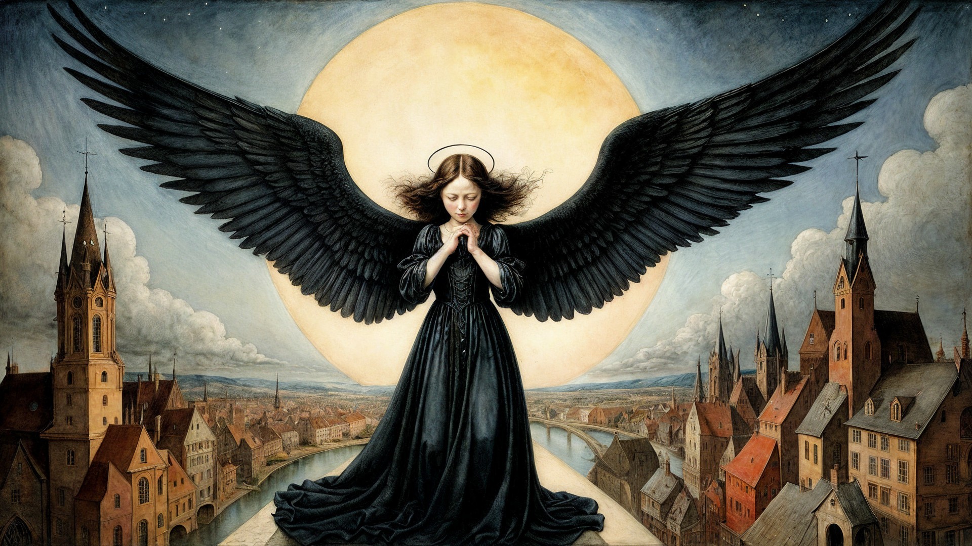 Young Woman with Dark Wings Praying Under Full Moon