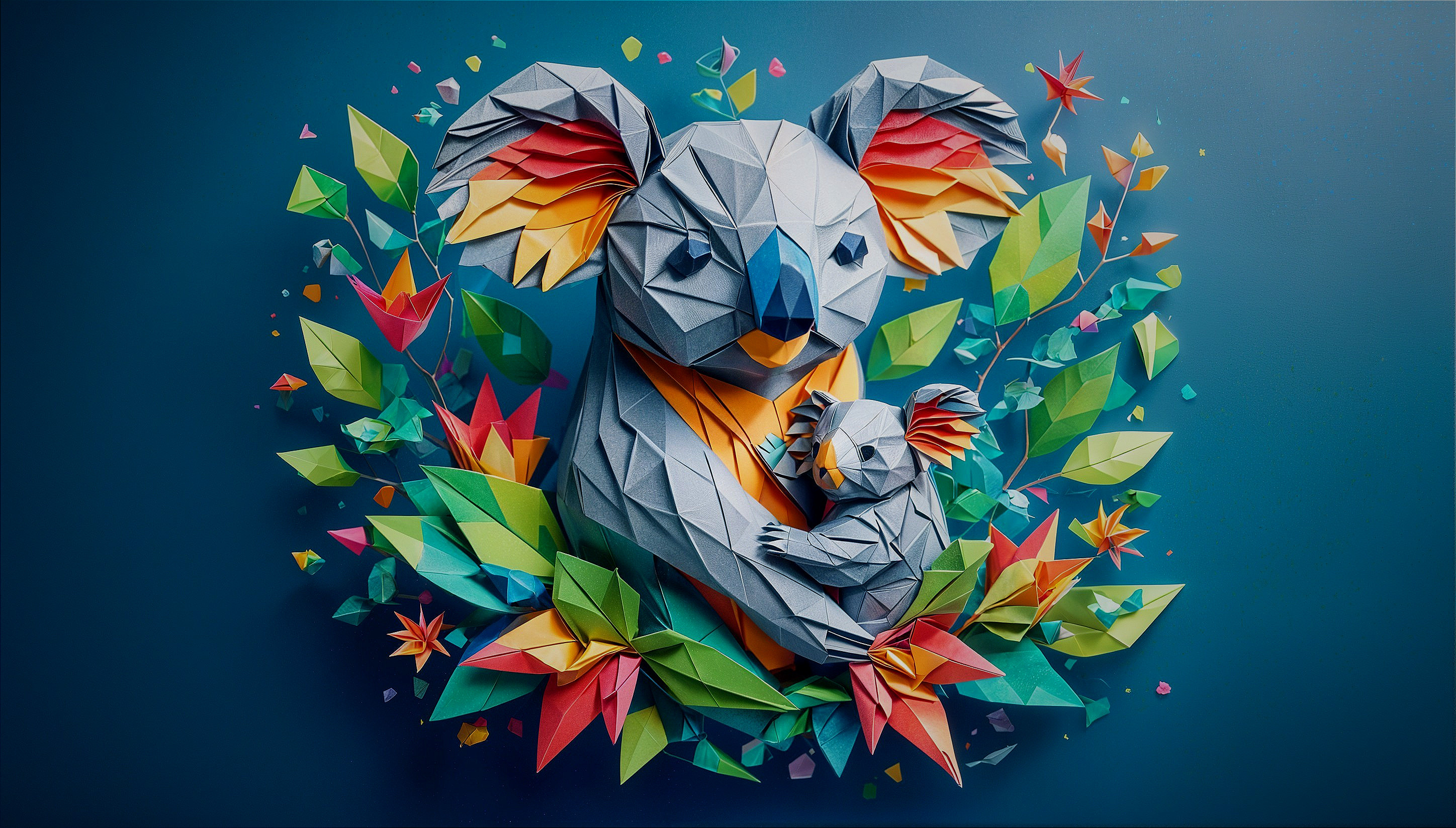 Origami Koala Artwork with Colorful Foliage Background