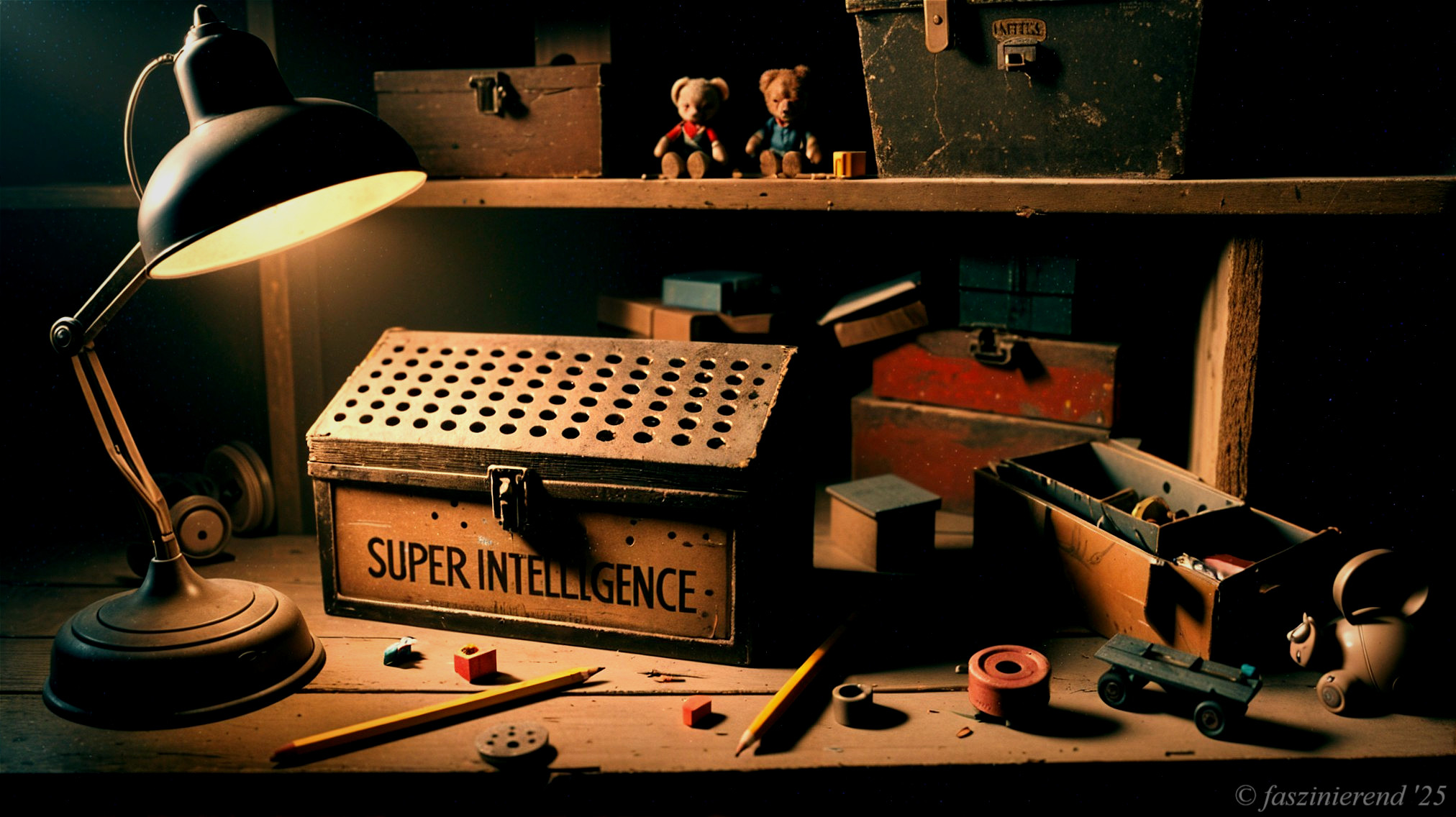 Vintage Workspace with Warm Lighting and Playful Decor