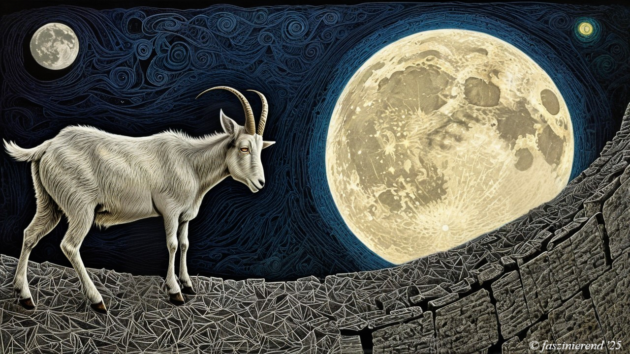 White Goat on Rocky Terrain Under Glowing Moon