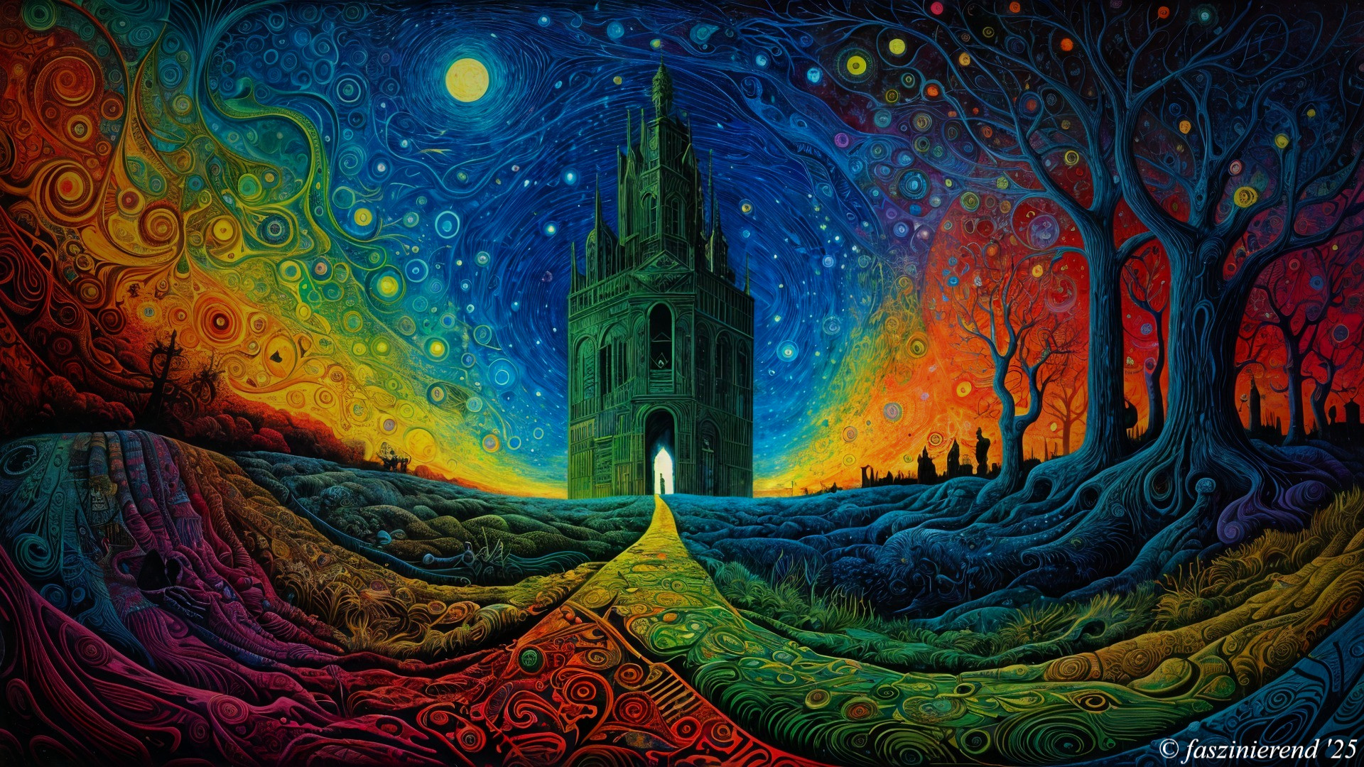 Vibrant Landscape with Ornate Structure and Moonlit Sky