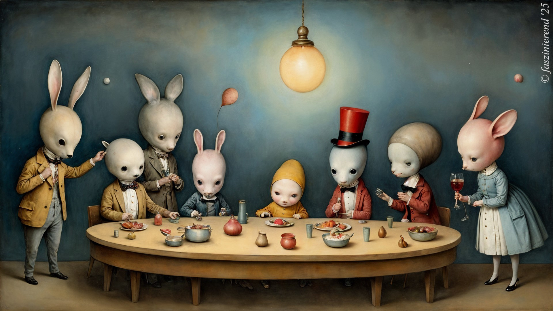 Anthropomorphic Rabbits at a Whimsical Feast