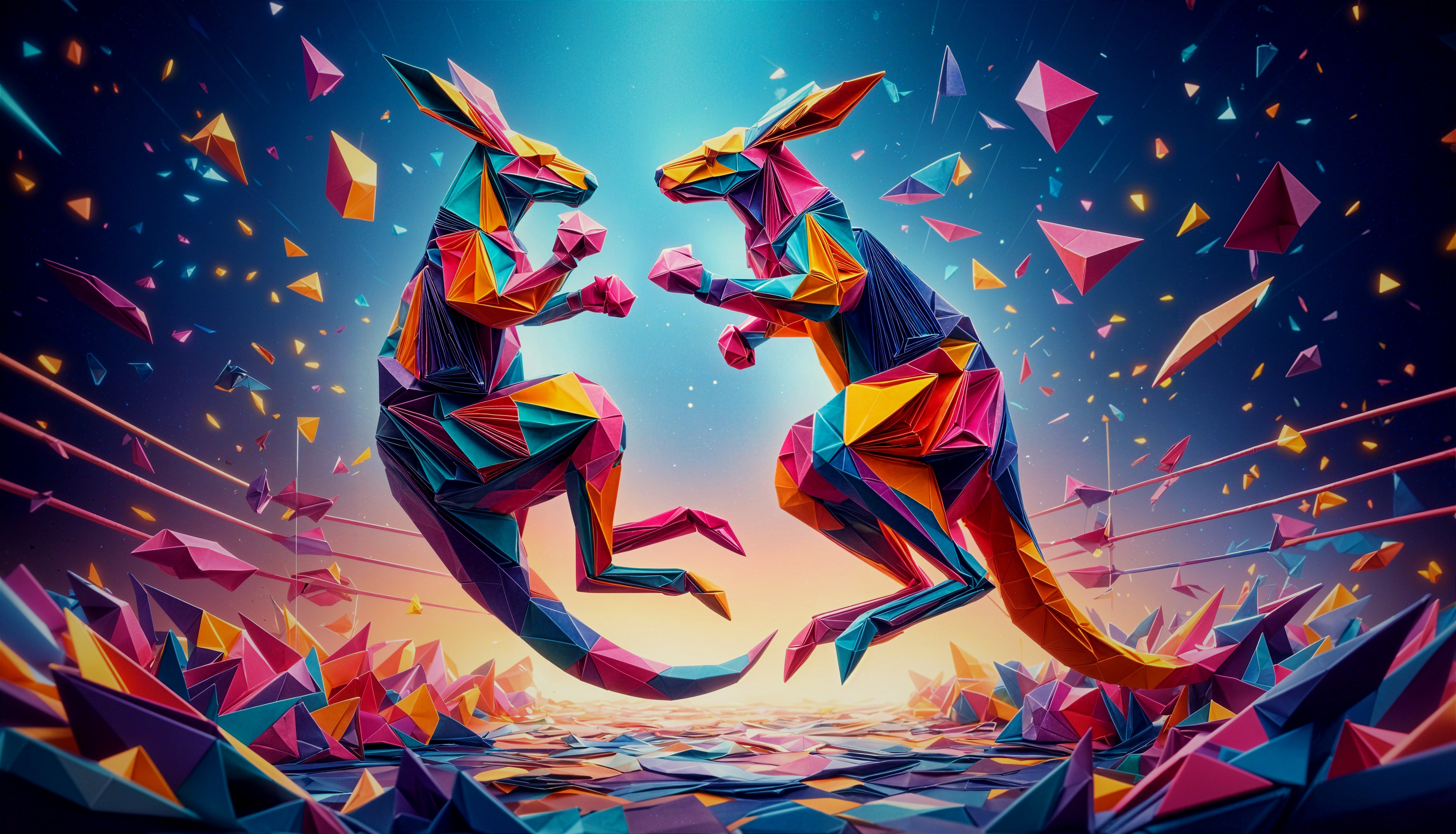Stylized Kangaroos in Vibrant Geometric Duel Scene