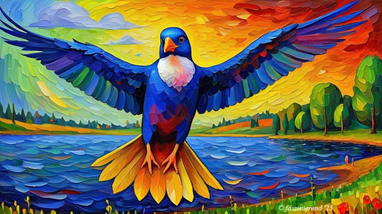 Vibrant Painting of Blue Bird Over Serene Lake
