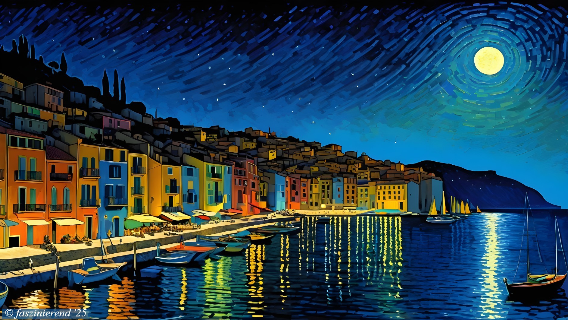 Vibrant Coastal Town at Night with Sailboats and Moonlight