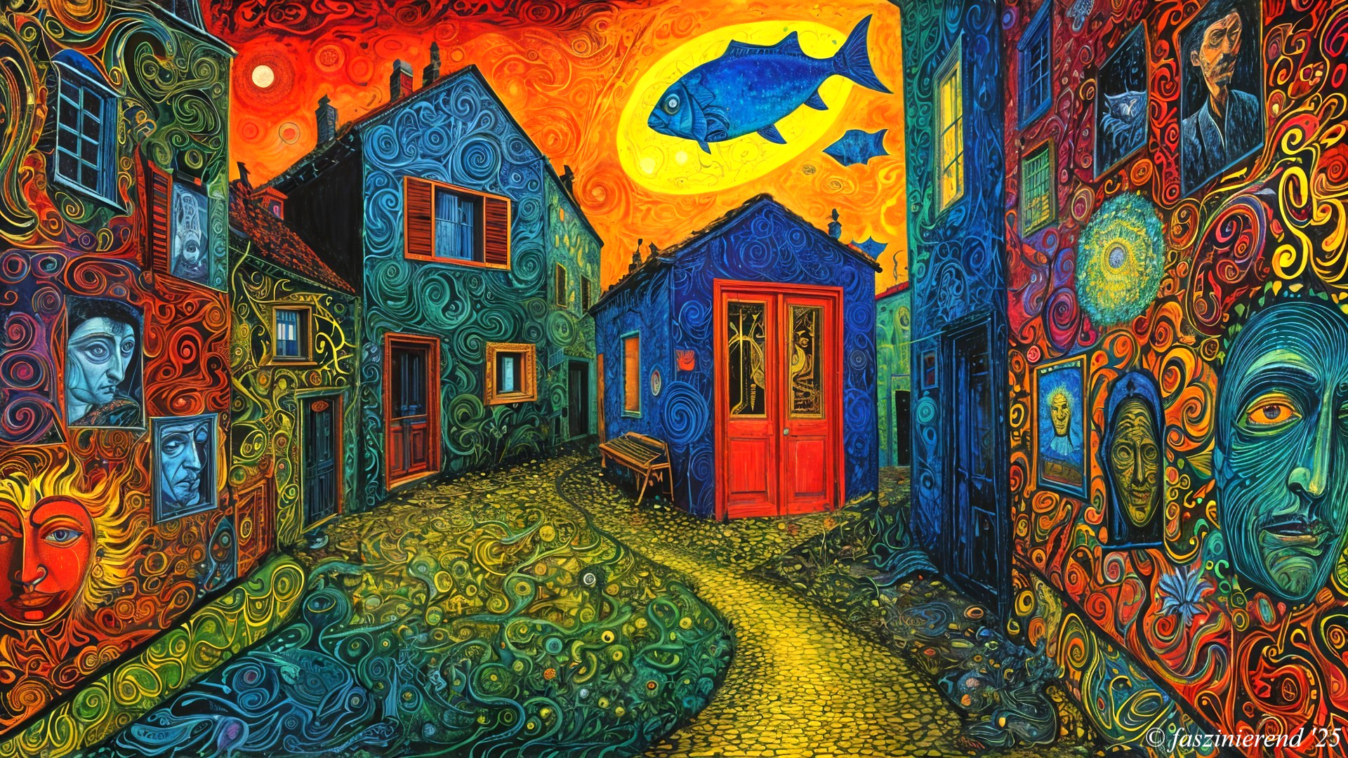 Surreal Landscape with Colorful Houses and Fish