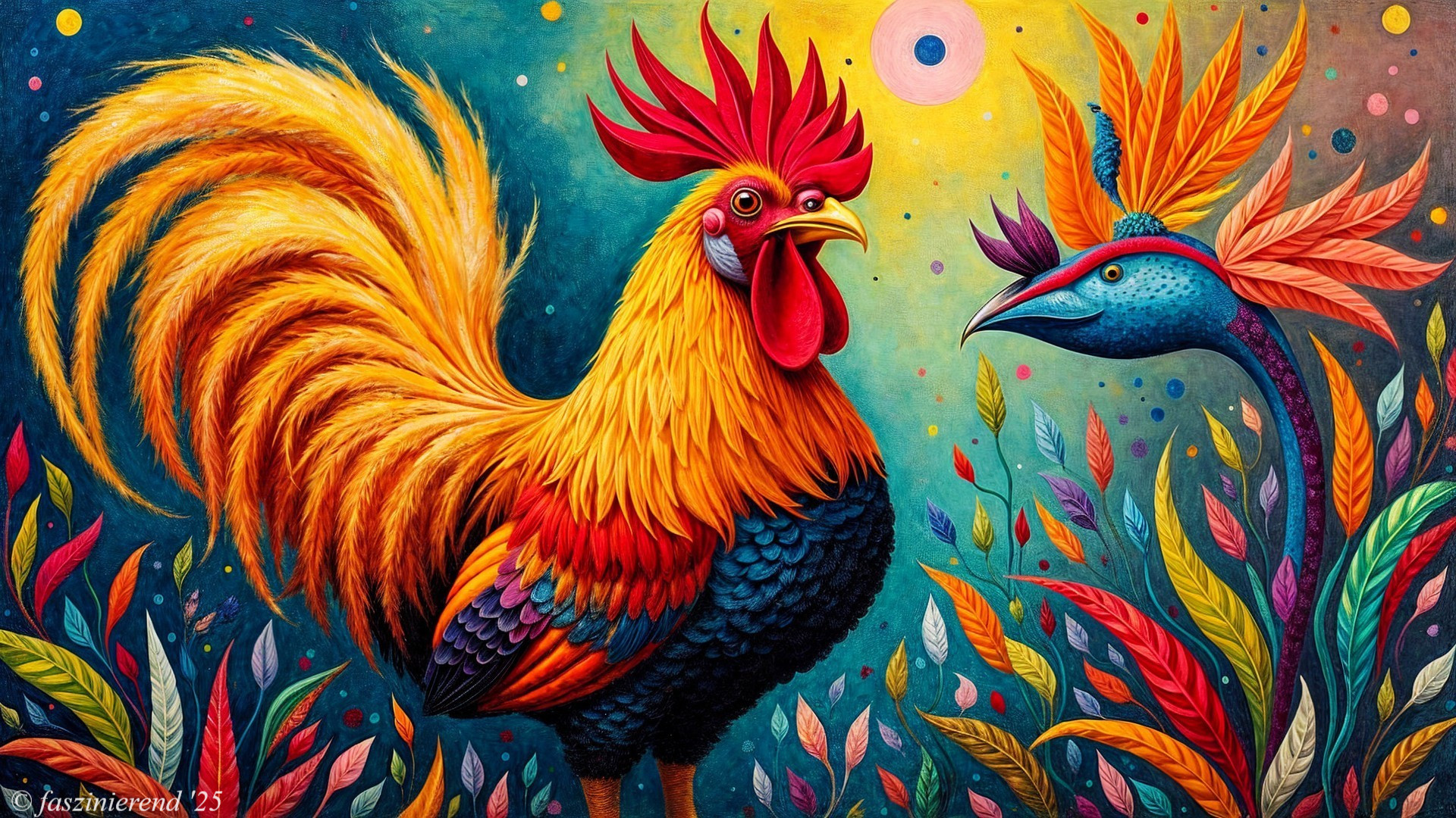 Vibrant Rooster and Colorful Foliage Illustration