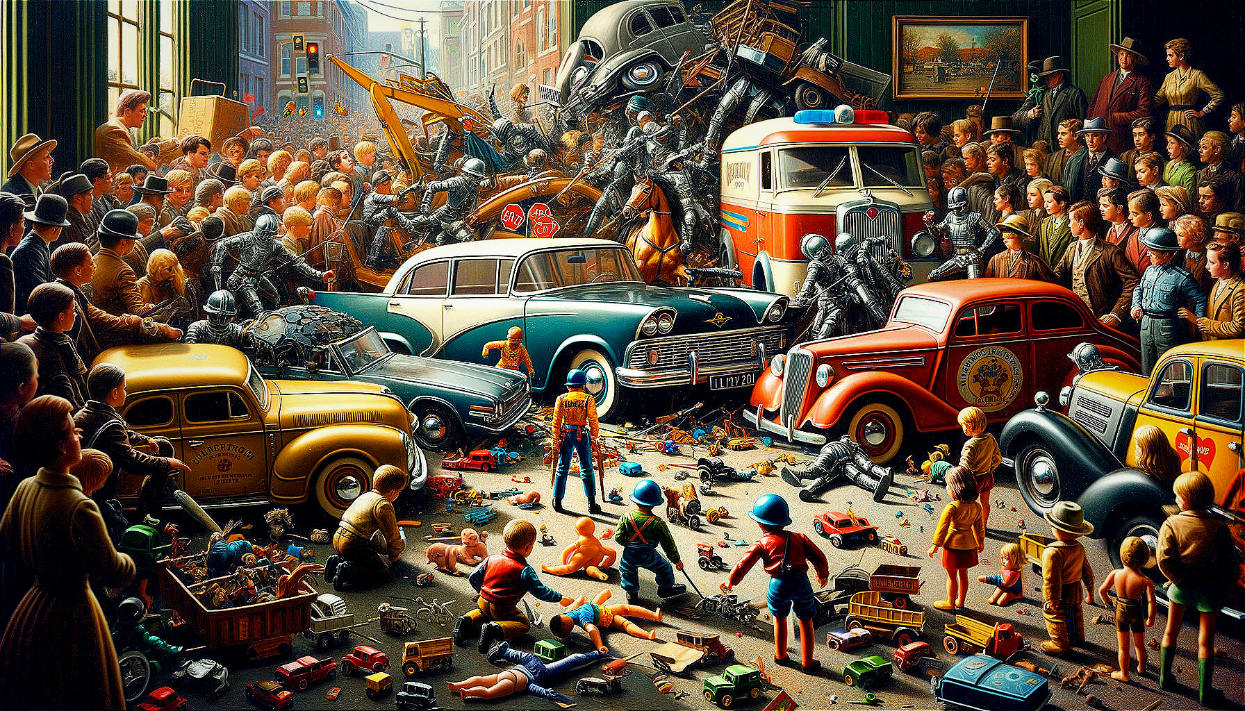 Vintage Cars and Armored Figures in Chaotic Scene