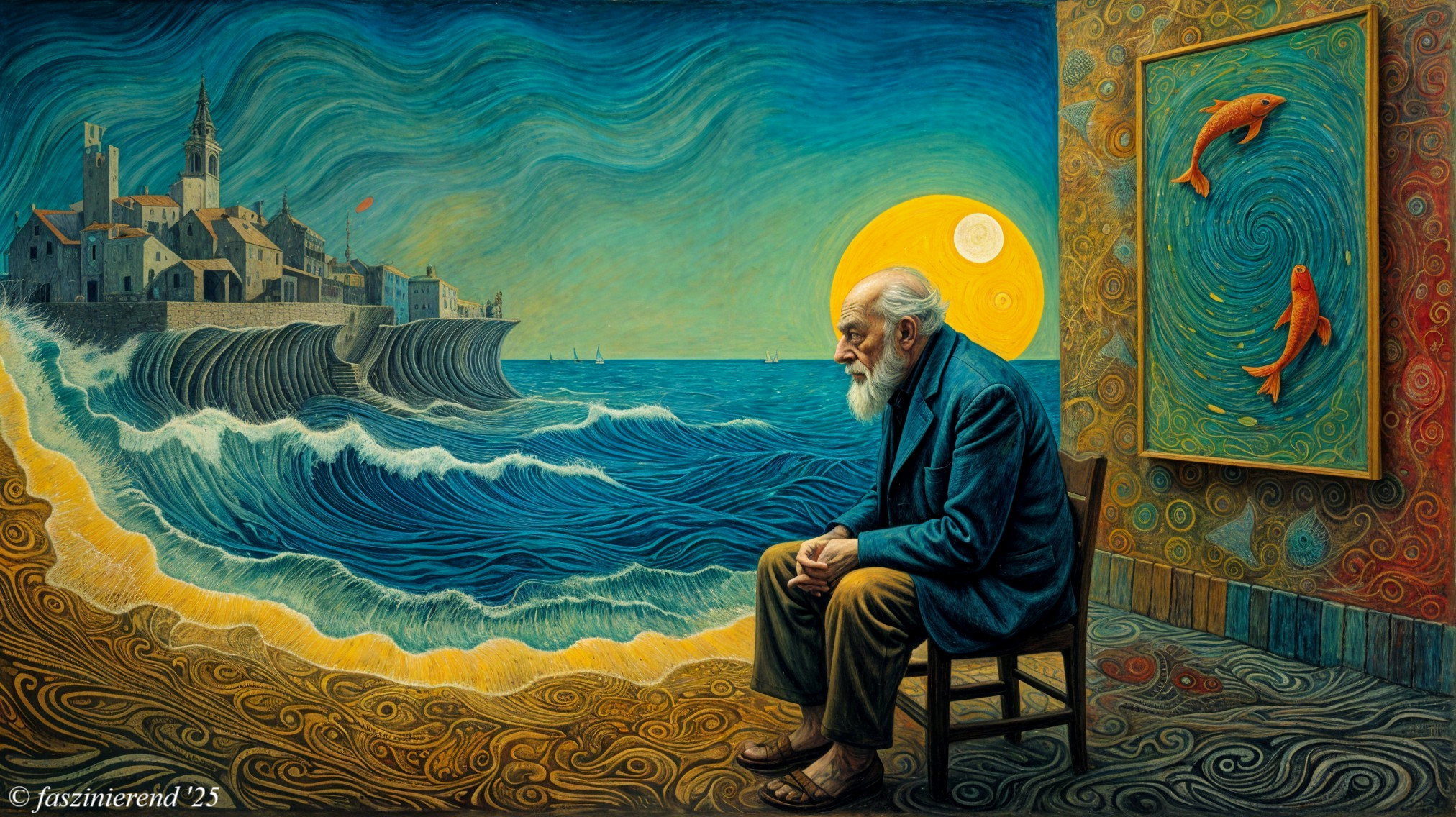 Elderly Man Contemplating Ocean Waves in Artwork