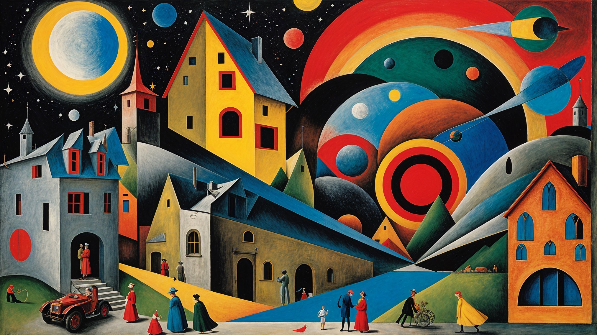 Surreal Landscape with Colorful Houses and Stars