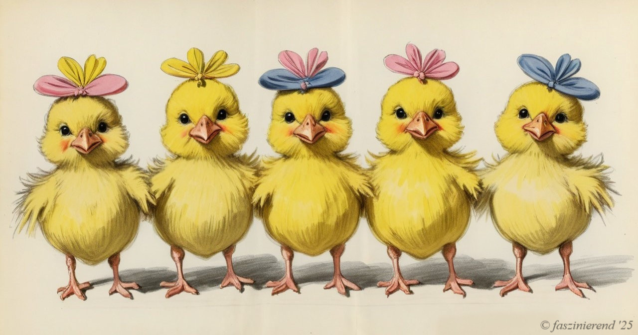 Illustration of Five Colorful Chicks with Bows