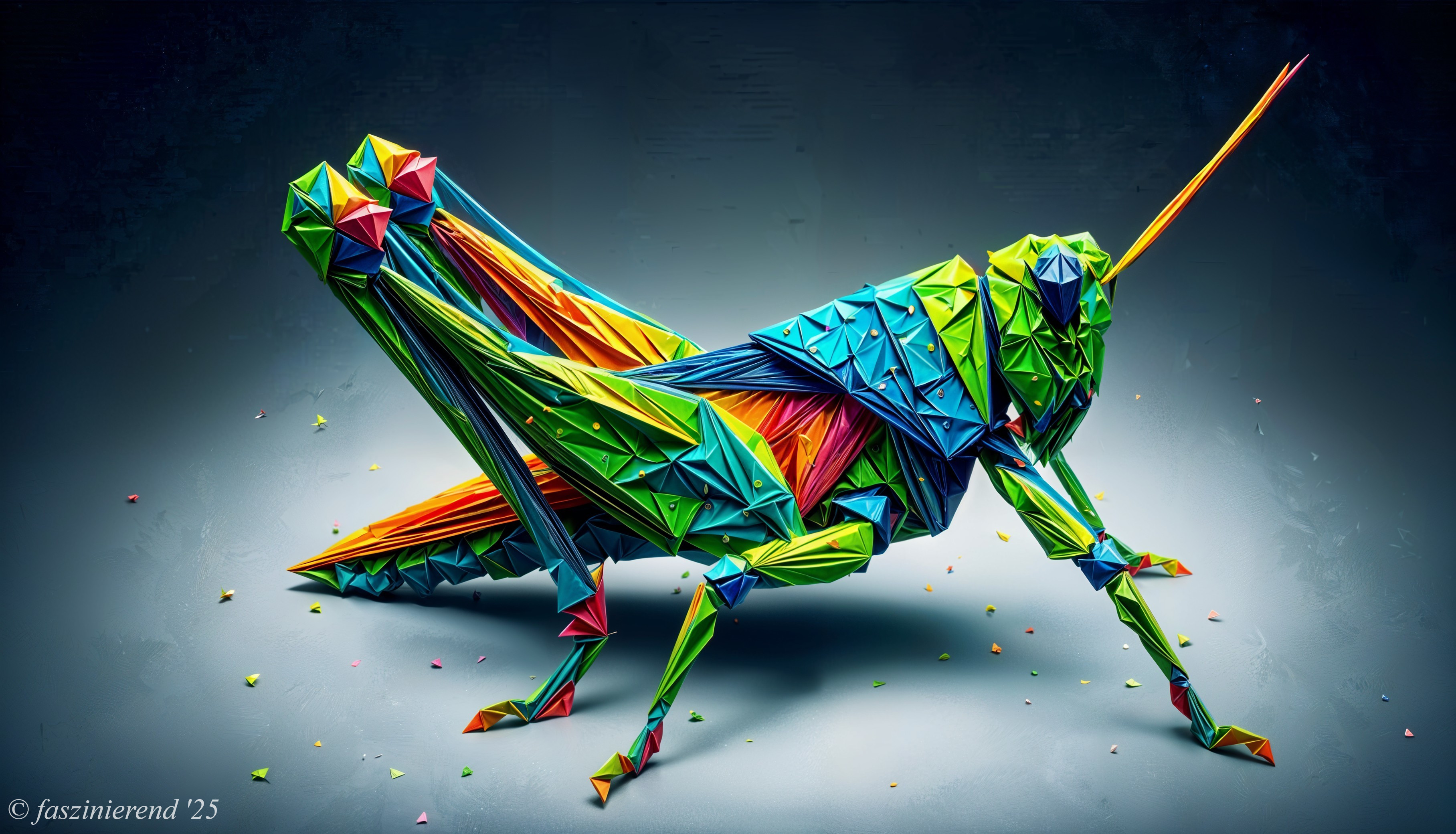 Vibrant Geometric Paper Sculpture of a Grasshopper