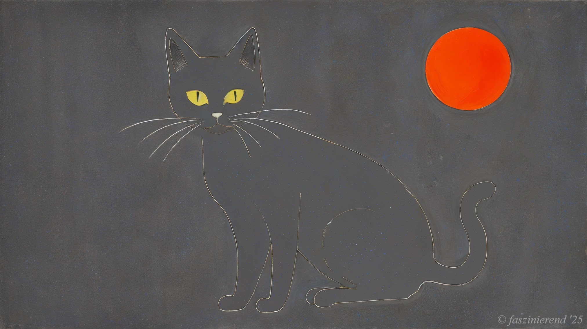 Stylized Black Cat with Yellow Eyes and Orange Sun