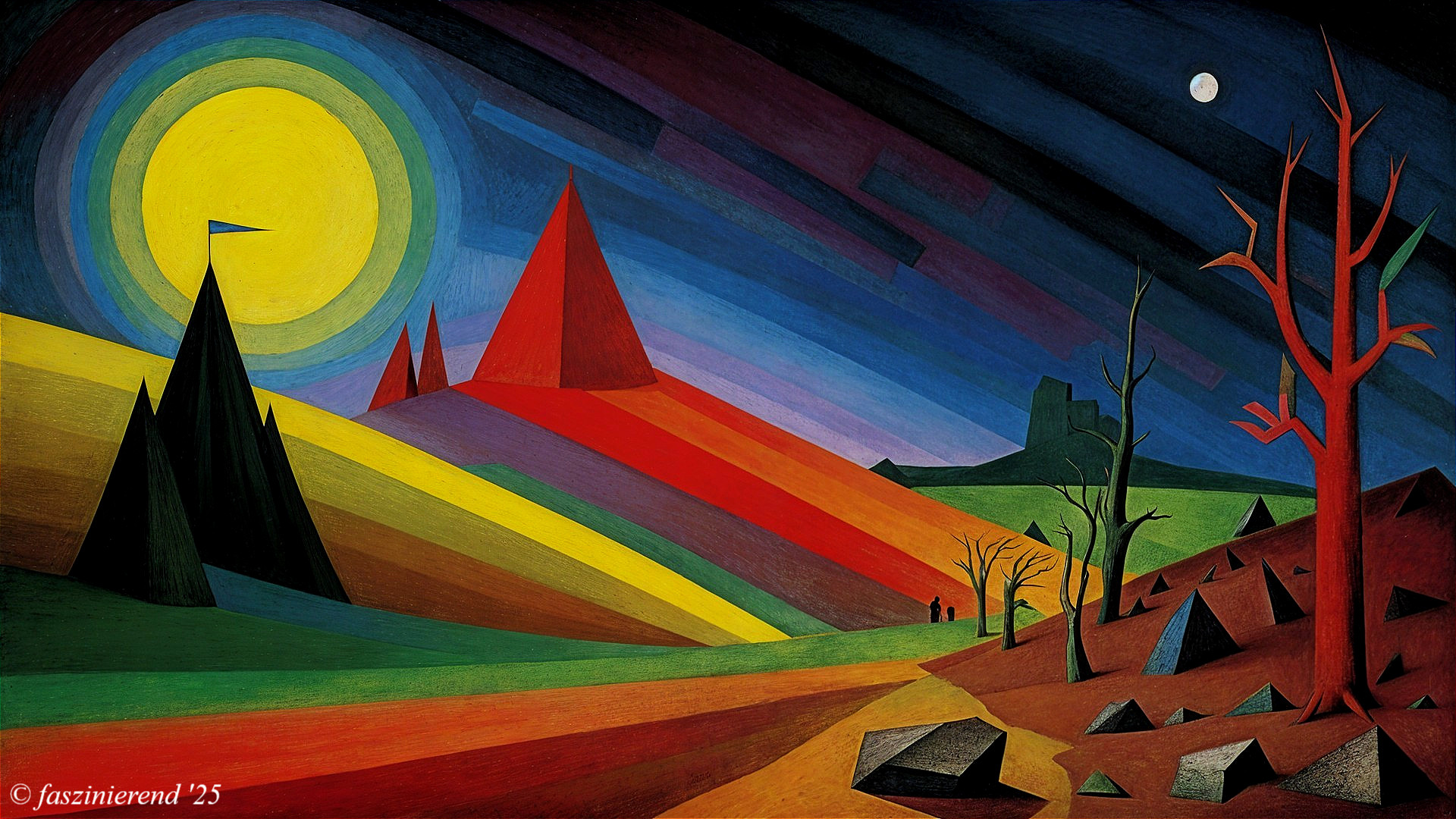Vibrant Landscape with Geometric Mountains and Silhouettes