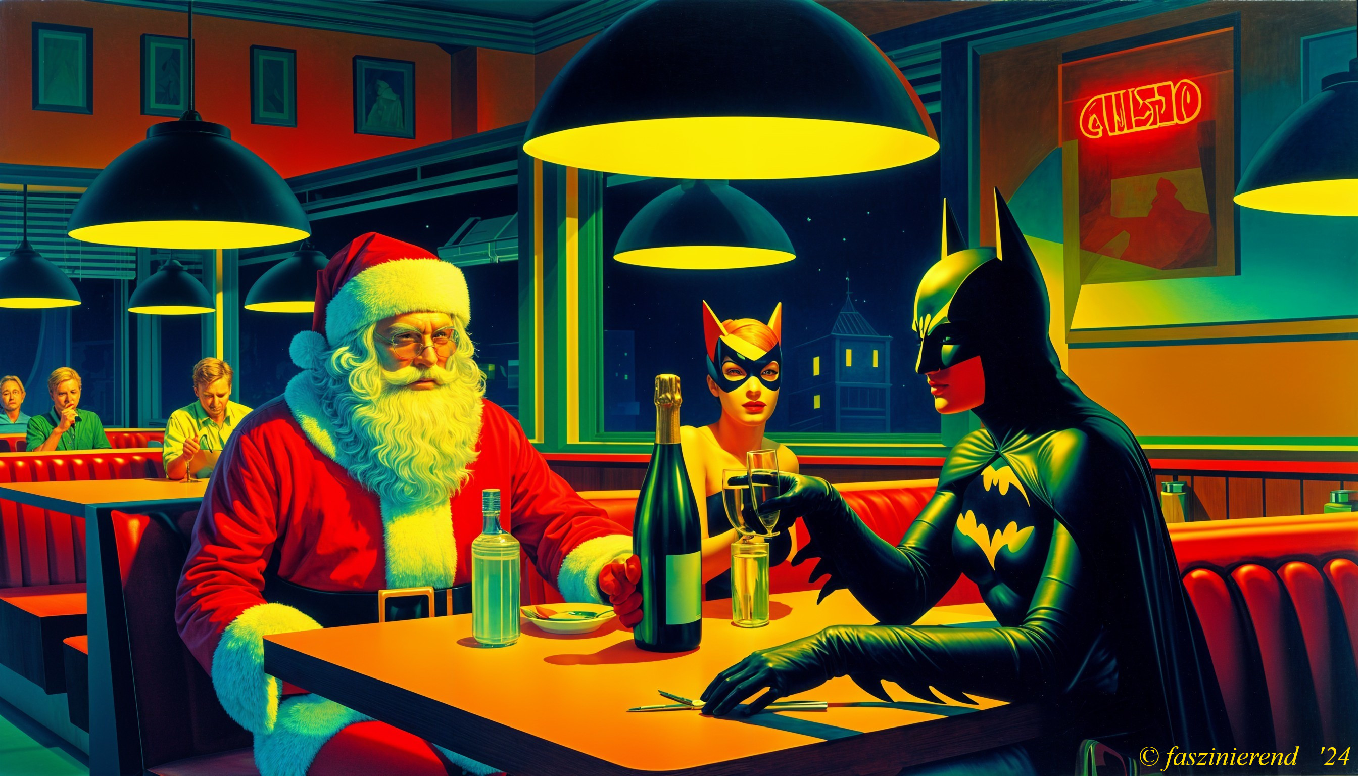 Santa Claus, Batman, and Catwoman in a Neon Diner