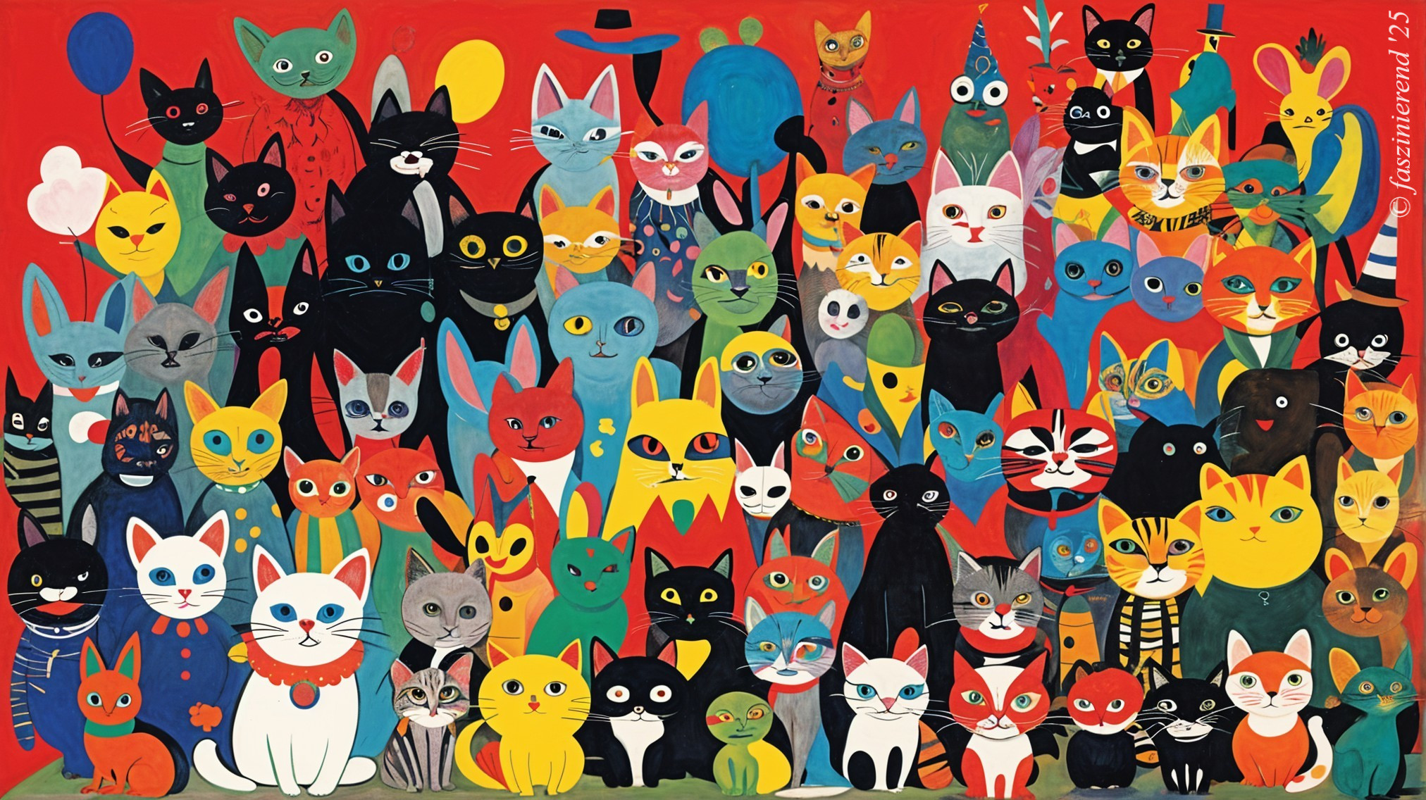 Colorful Cats and Rabbits in Whimsical Illustration