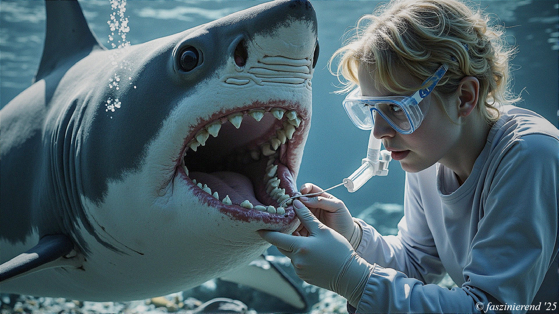 Diver Examines Great White Shark's Teeth Underwater