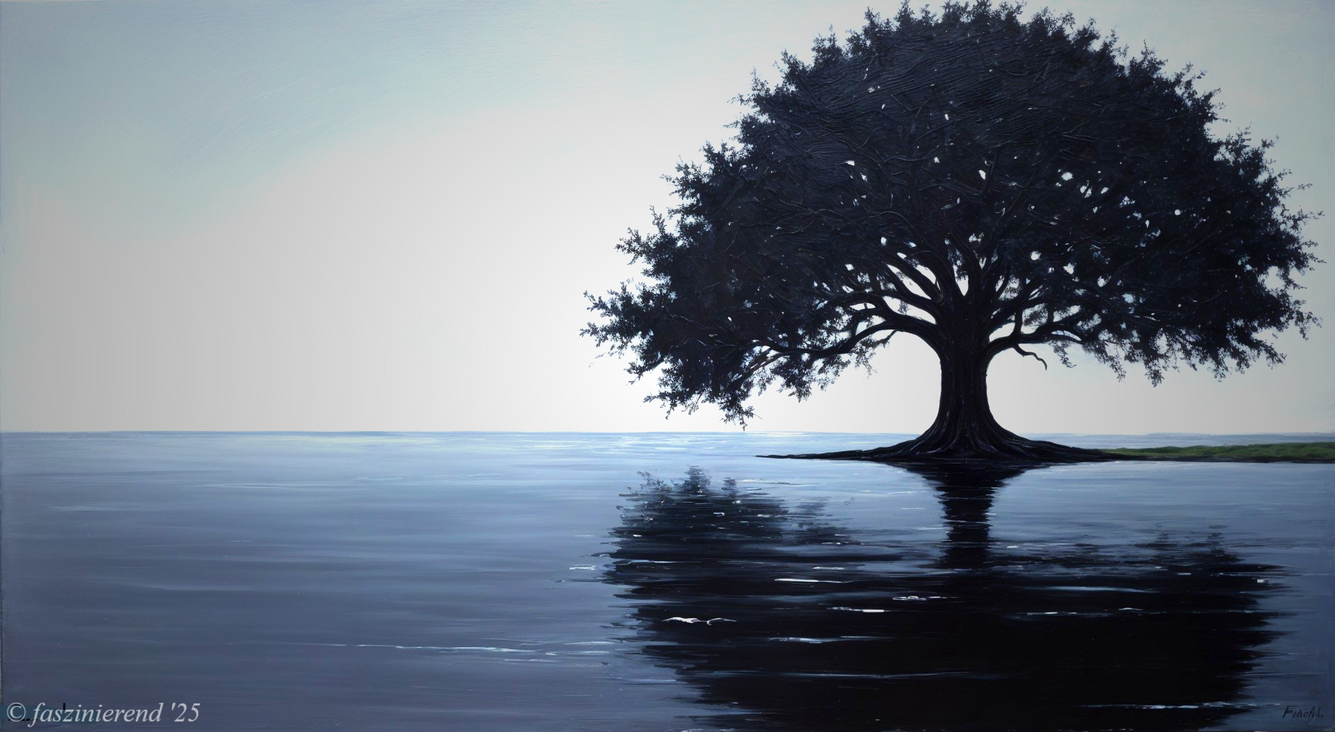 Solitary Tree Reflected in Calm Water Landscape