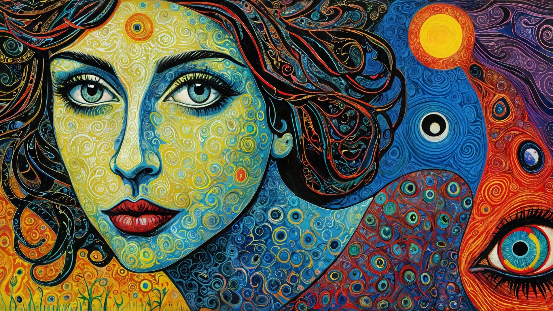 Vibrant Portrait of Woman with Green Eyes and Swirls