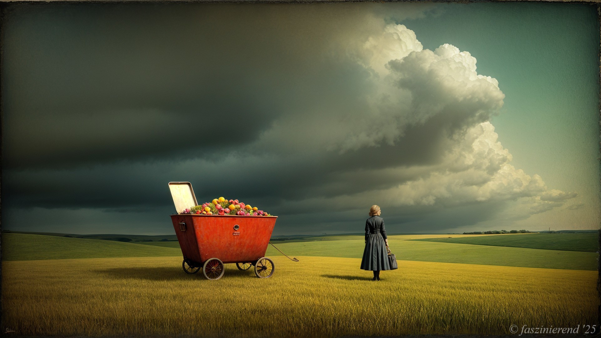 Woman in Dress by Colorful Fruit Cart in Field