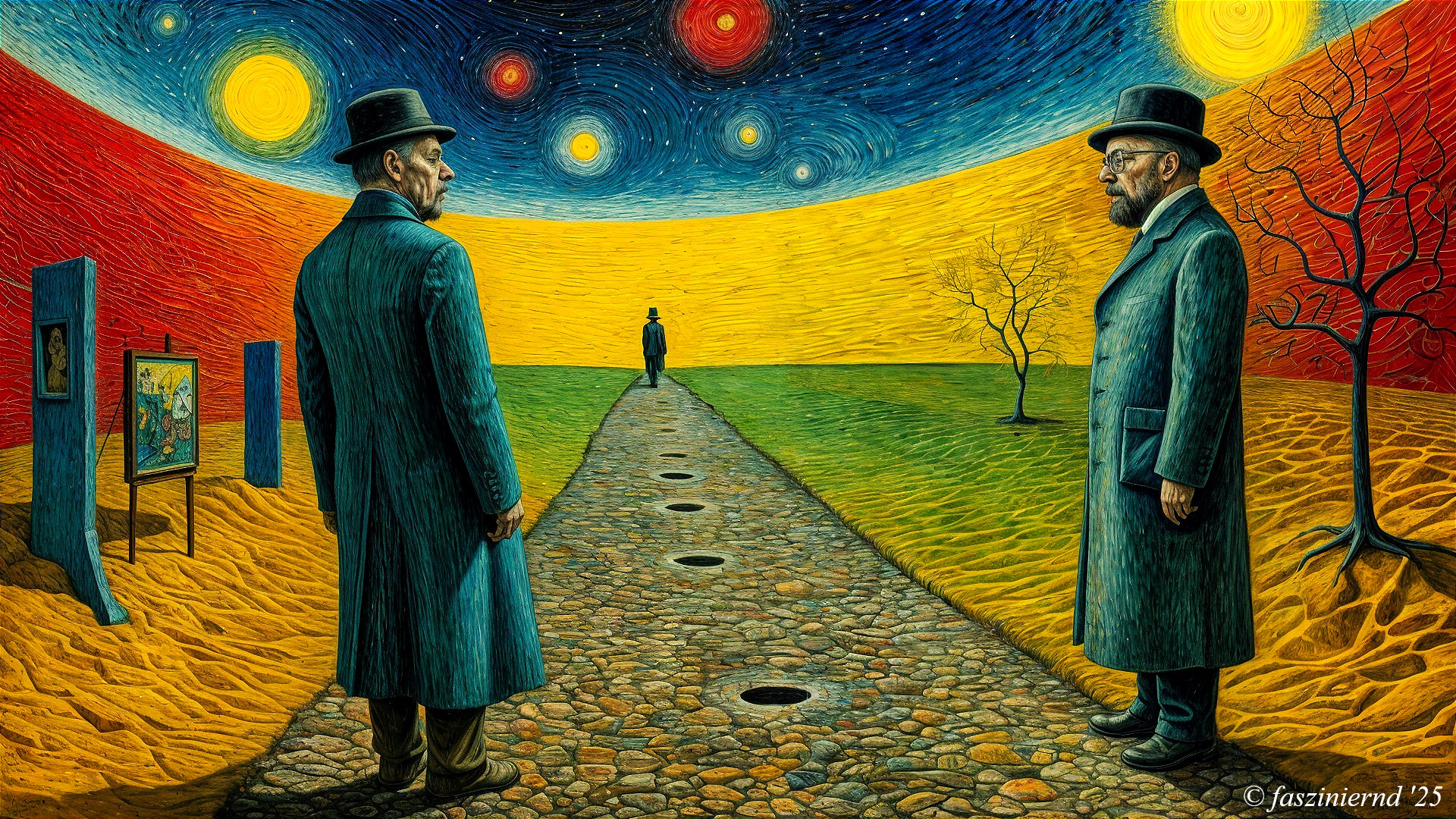 Two Men in Top Hats on a Winding Path Under Stars