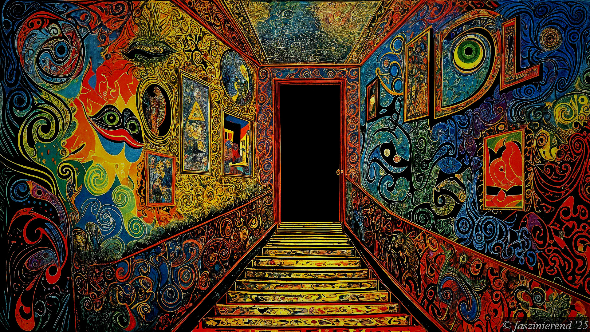 Surreal Hallway with Colorful Patterns and Artwork