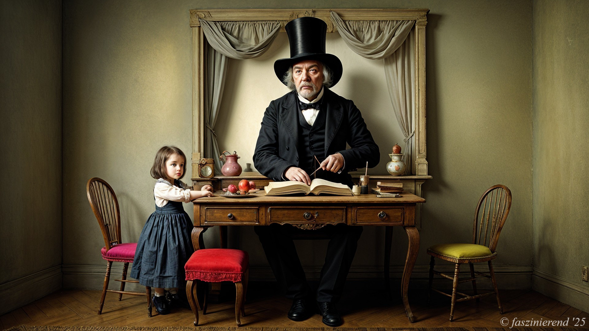 Vintage Scene of Man Reading with Curious Girl