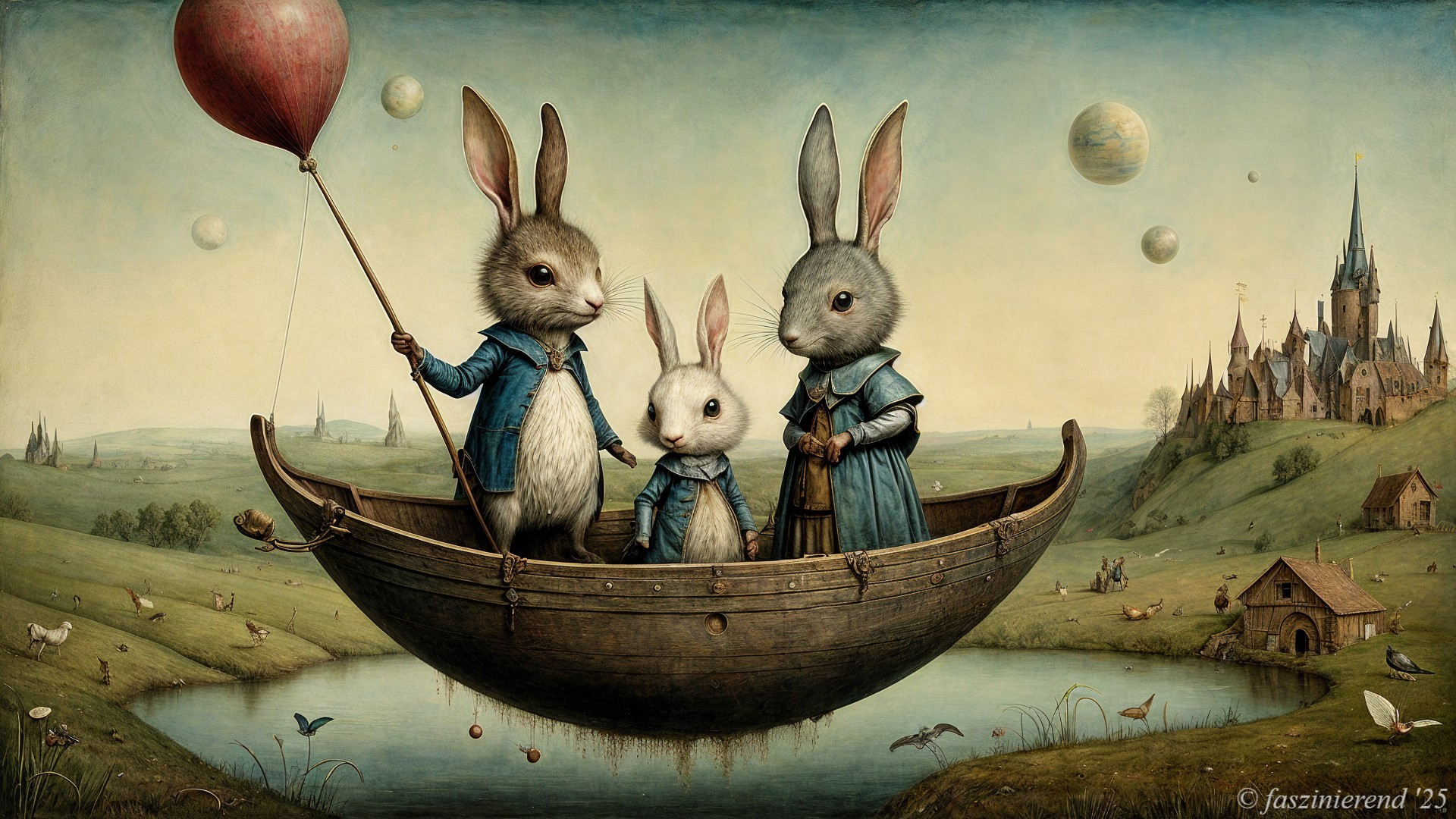 Rabbits in Vintage Attire Sailing on a Serene Pond
