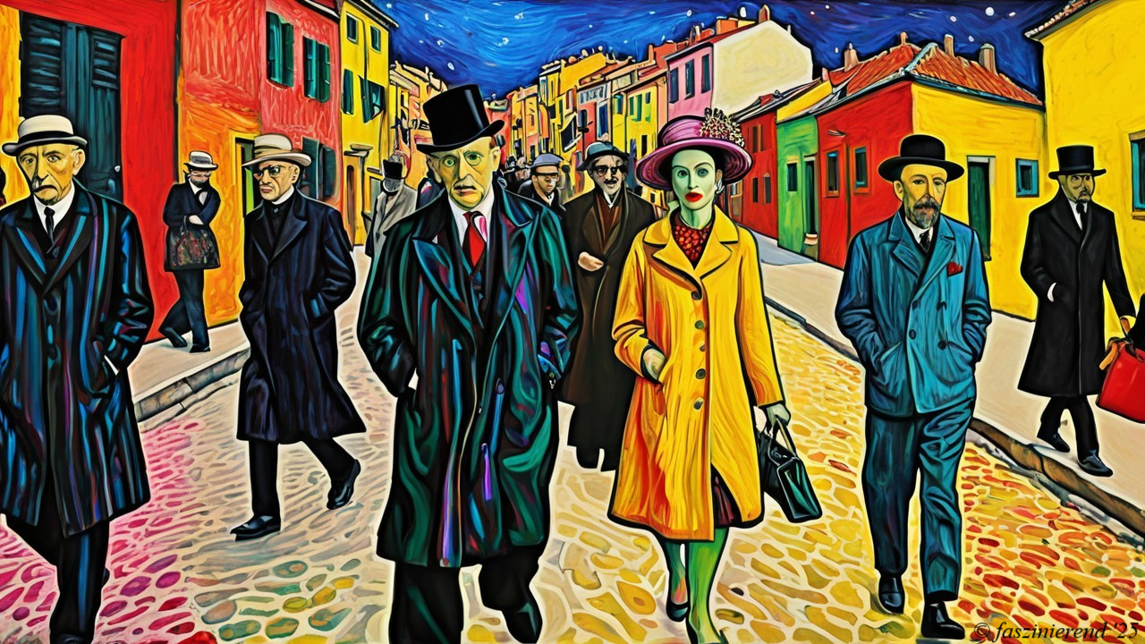 Vibrant Street Scene with Elegantly Dressed People