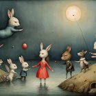 Anthropomorphic rabbits in whimsical moonlit gathering
