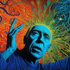 Vivid Blue-Faced Figure Against Colorful Background