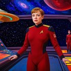 Captain in Red Uniform in Futuristic Spacecraft Control Room