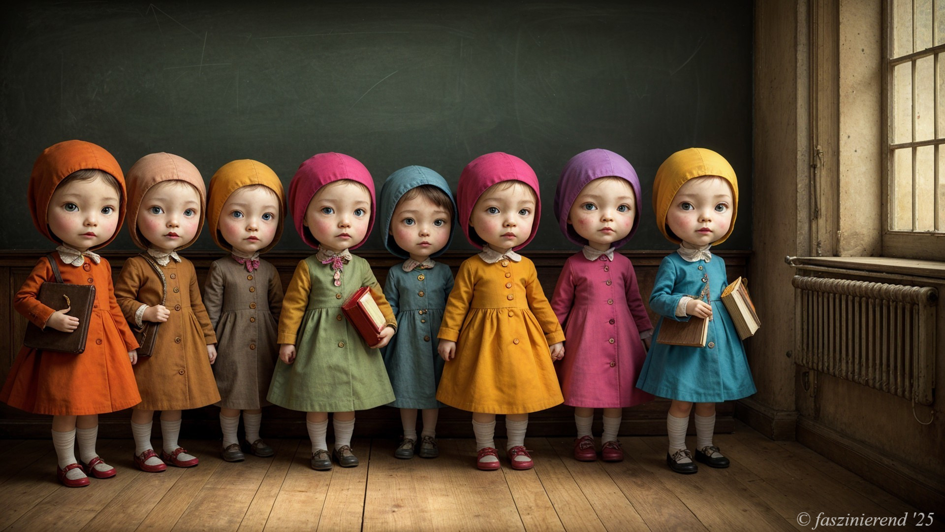 Charming Dolls in Colorful Outfits in Classroom Setting