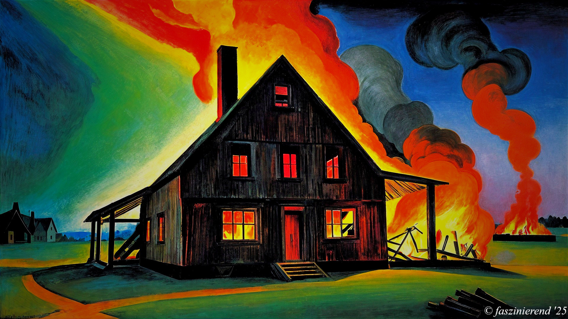 Wooden House Engulfed in Flames Against Dark Sky