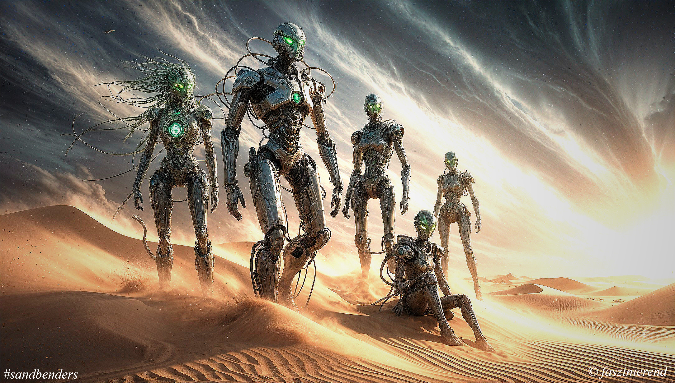 Futuristic humanoid robots in a desert landscape