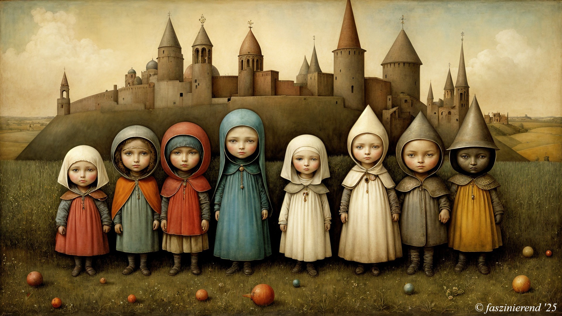 Children in Colorful Cloaks by a Fairy Tale Castle