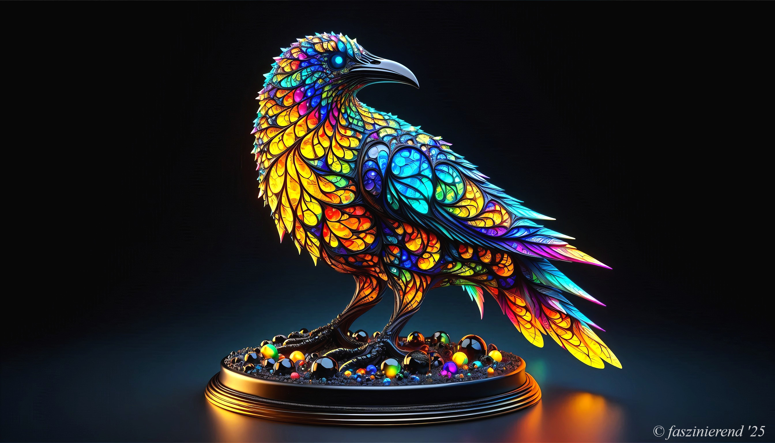 Intricate multicolored raven sculpture with gem base