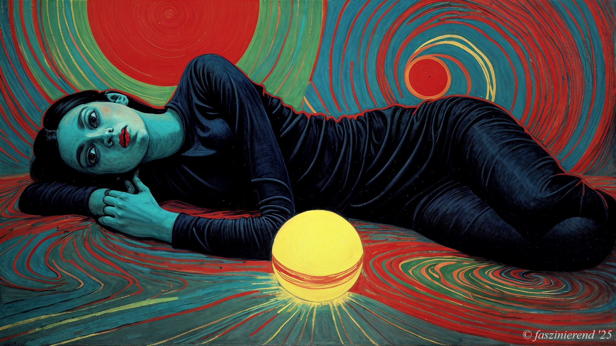 Contemplative Figure with Vibrant Swirling Background