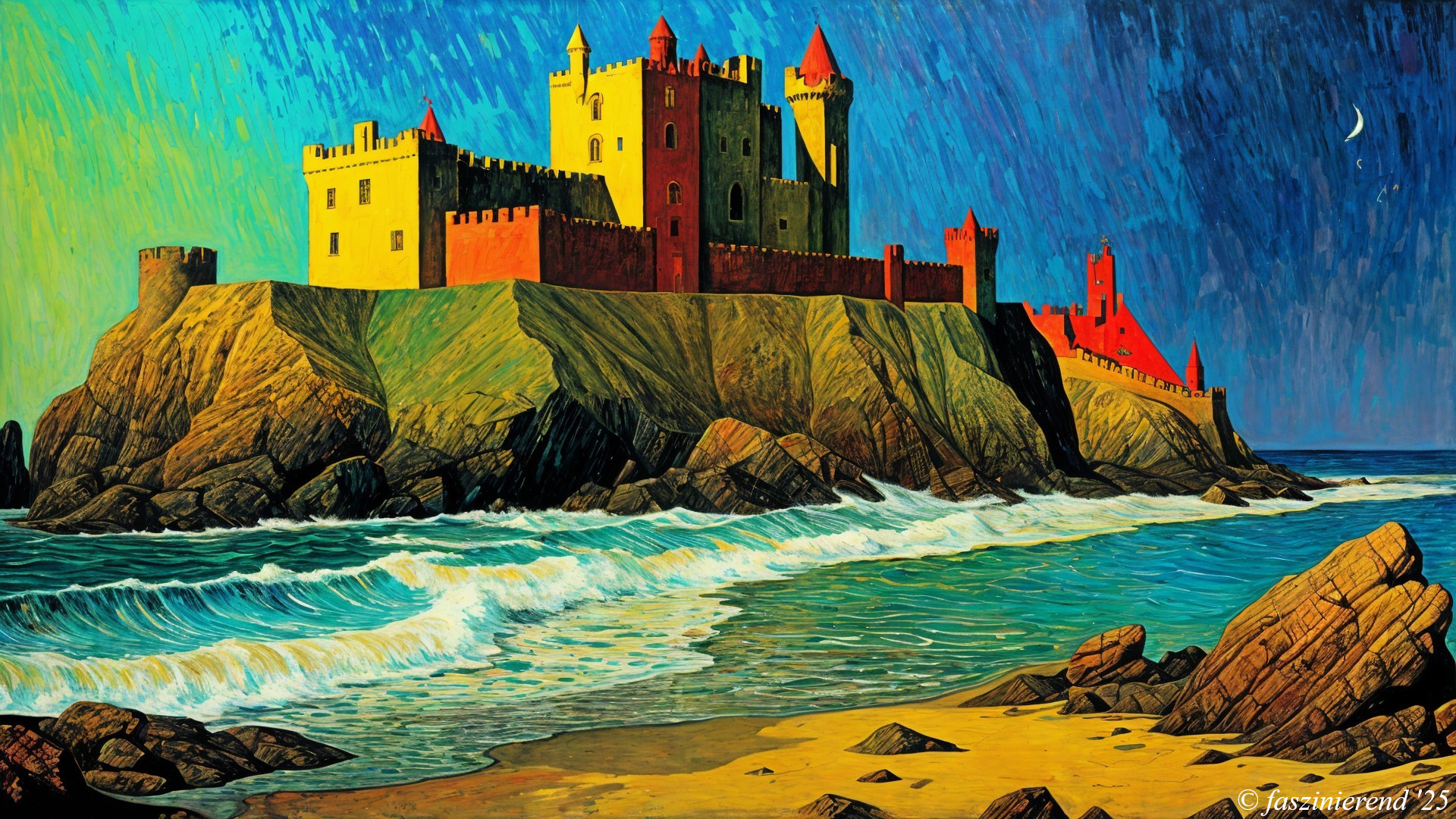 Vibrant castle on rocky outcrop by swirling ocean waves