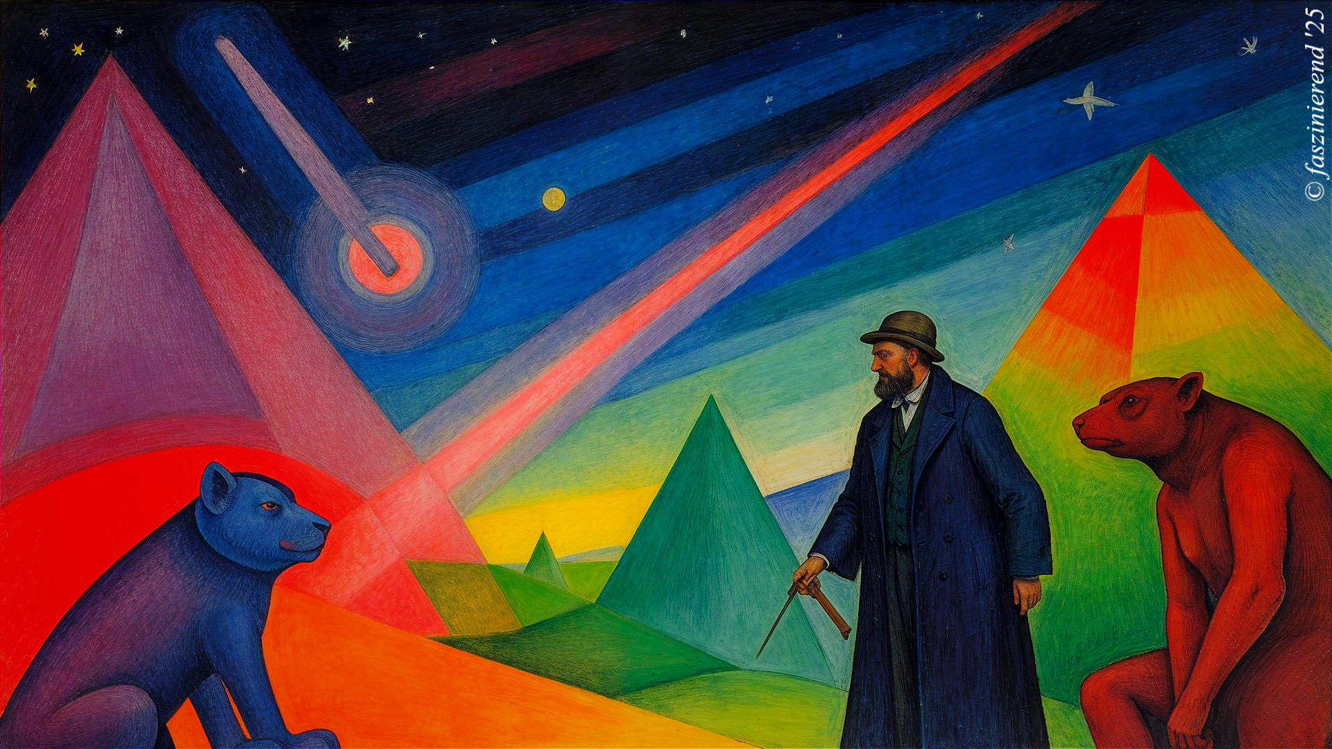 Vibrant Scene with Stylized Animals and Pyramids