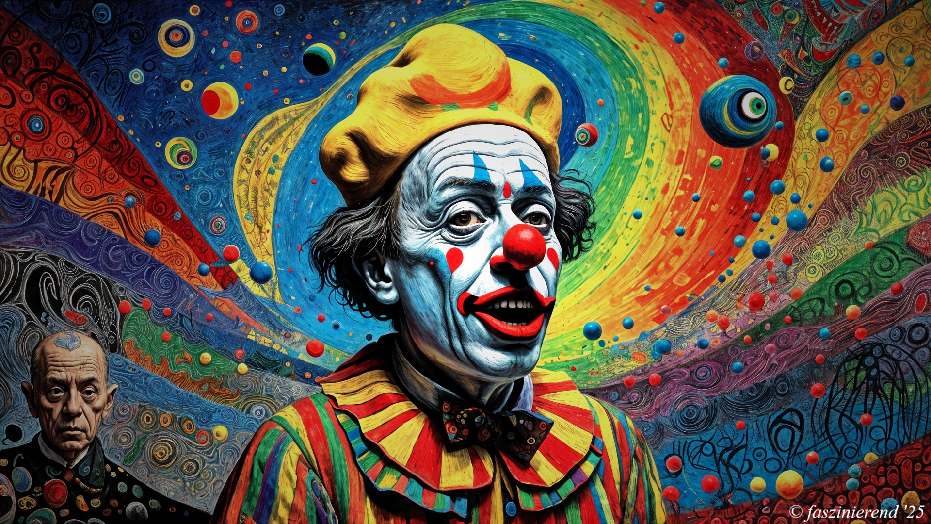 Vivid Clown with Cosmic Background and Shadowy Figure