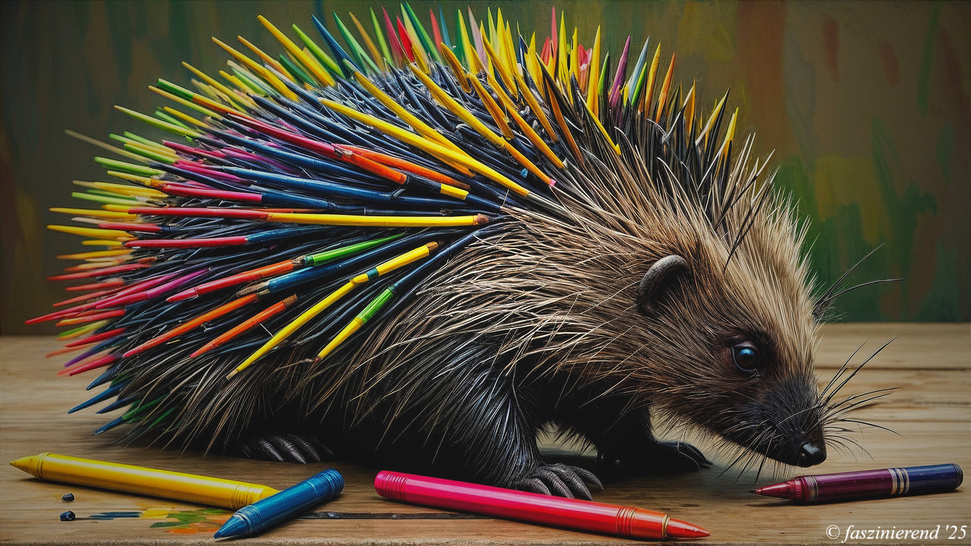 Porcupine Decorated with Colorful Pencils and Crayons