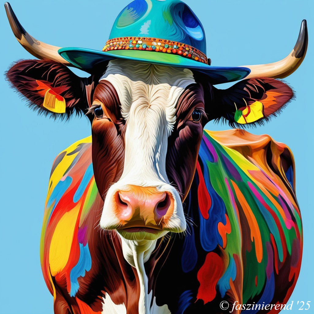 Colorful Cow in Whimsical Hat Against Blue Background