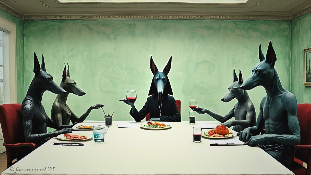 Surreal Dining Scene with Anthropomorphic Dog Figures