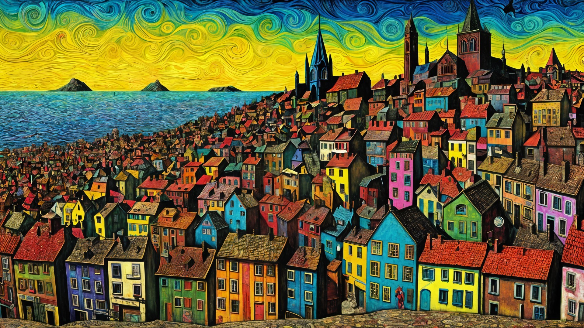 Vibrant Coastal Town with Colorful Houses and Sea View