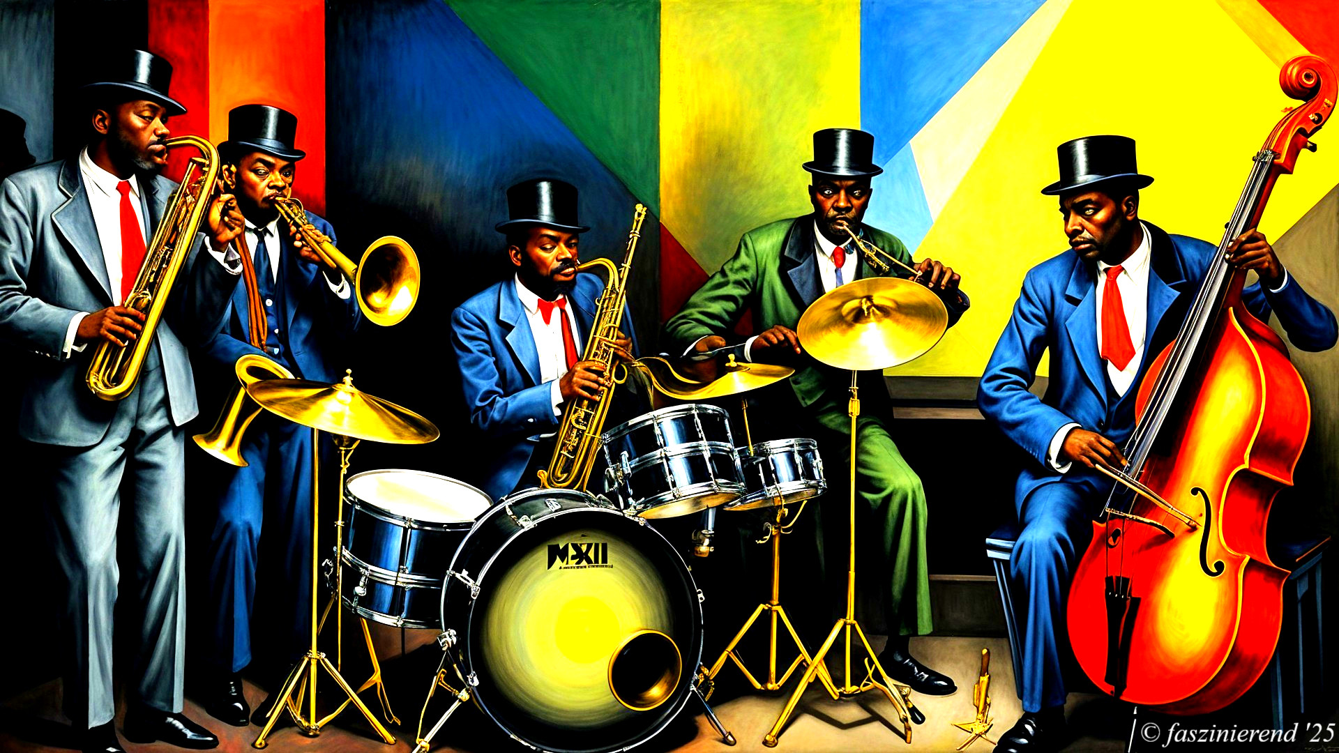 Vibrant Jazz Ensemble with Five Musicians in Suits